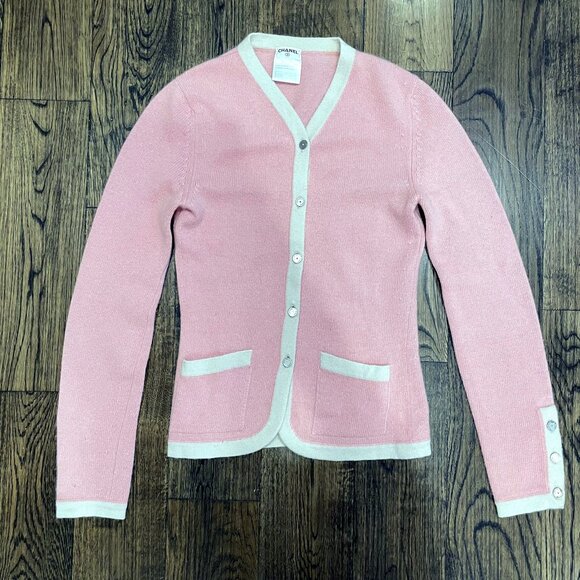 RARE Archival CHANEL 2002 Spring Pink Cashmere Cardigan Sz 34